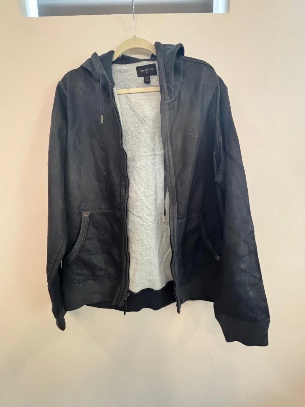 True Religion Zip Up Hoodie Black Coated Denim Men's Size XL Tonal Logo